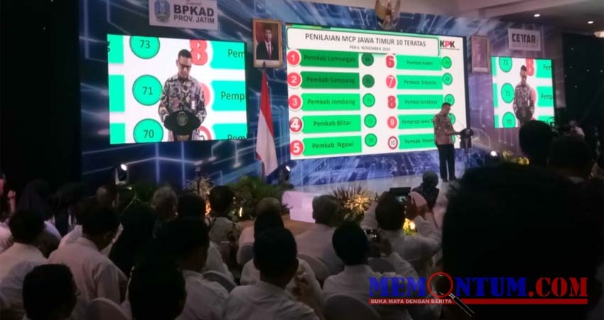 Korwil VI Koordinasi, Supervisi, dan Pencegahan KPK RI Asep Rahmat Suwan saat mengumumkan ranking MCP di Grahadi Surabaya. (Humas Pemkab Sampang)